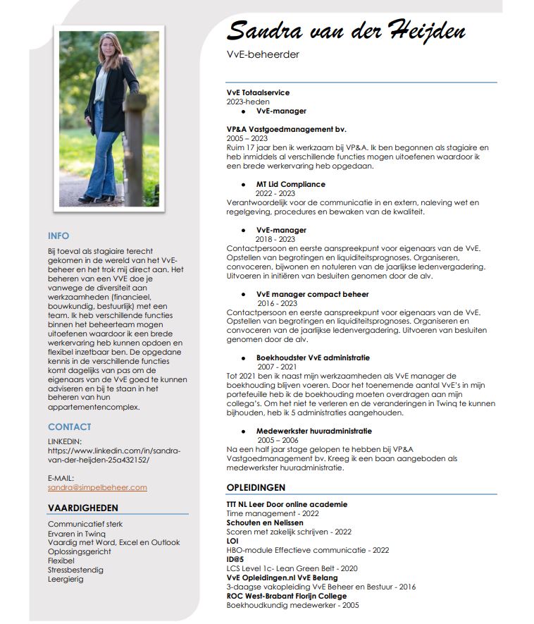 Werkervaring van Sandra van der Heijden. Oprichter van Simpel VvE beheer.